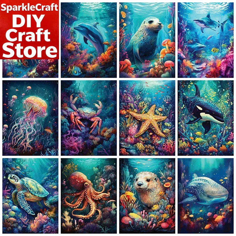 Resin Art Wallpaper - ชุดภาพวาดเพชรแบบไร้กรอบ 1 ชิ้น รูปทรงสี่เหลี่ยมจัตุรัสและวงกลม ลายโลมาและเต่าทะเล สำหรับตกแต่งบ้าน