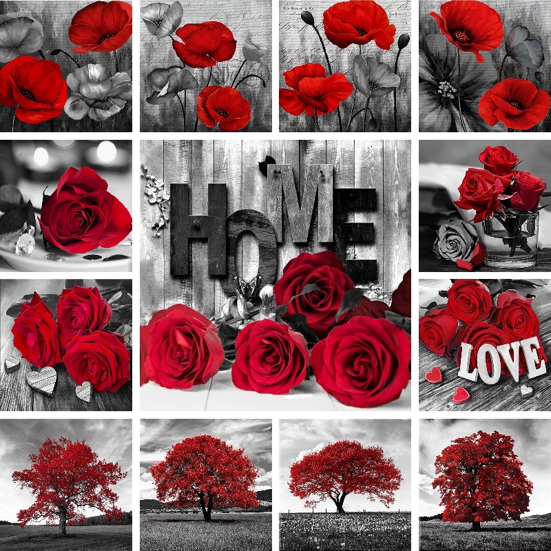 Resin Art Rose - โมเสคเพชรสีแดงสีดำภูมิทัศน์ต้นไม้ Poppies กุหลาบดอกไม้ DIY 5D ภาพวาดเพชรเต็มรูปแบบงานปักครอสติชตกแต่ง